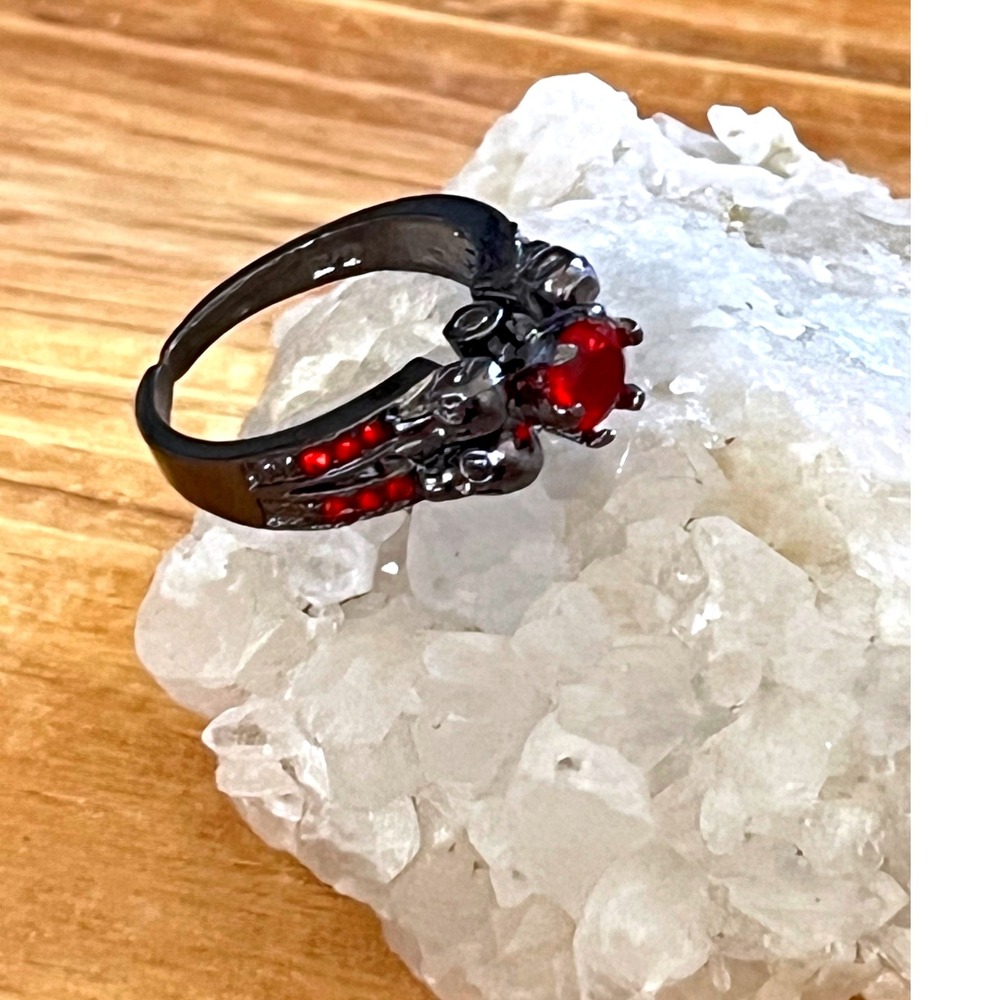 14K Black Gold Filled Skull Ring Red Topaz Stone Gothic Statement Ring Size 6